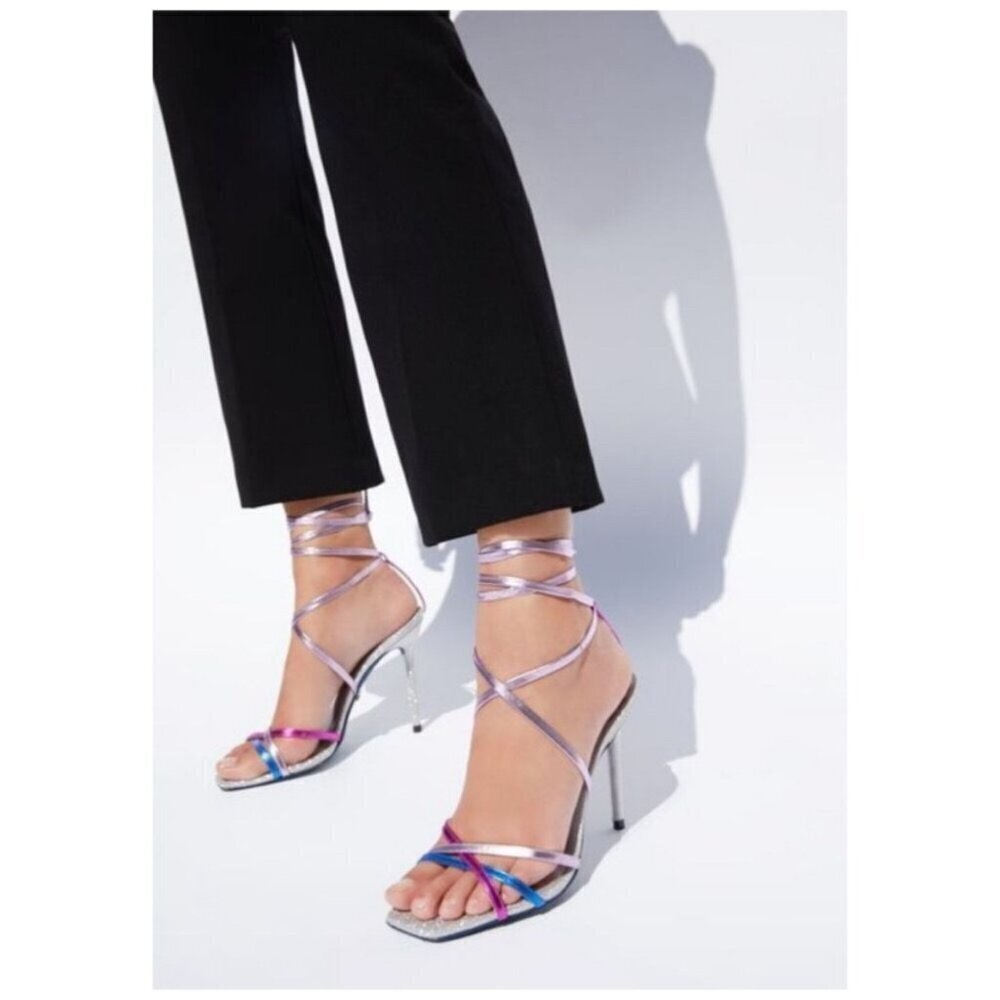 ZARA Blue Collection Sparkle Heels Lace-Up Glitter Metallic Formal Womens 7.5/38